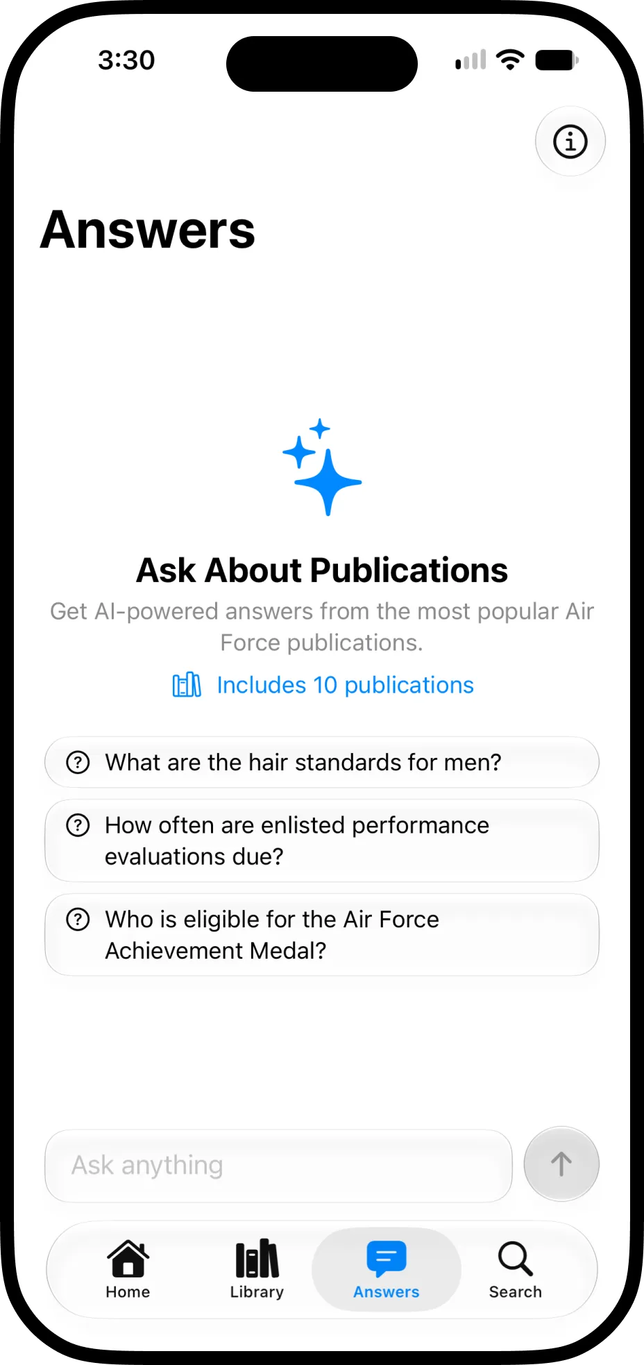 The AFI Explorer Answers tab with suggested questions