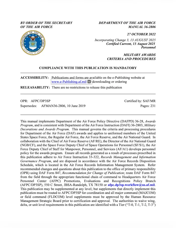 Cover of DAFMAN 36-2806, Military Awards Criteria and Procedures