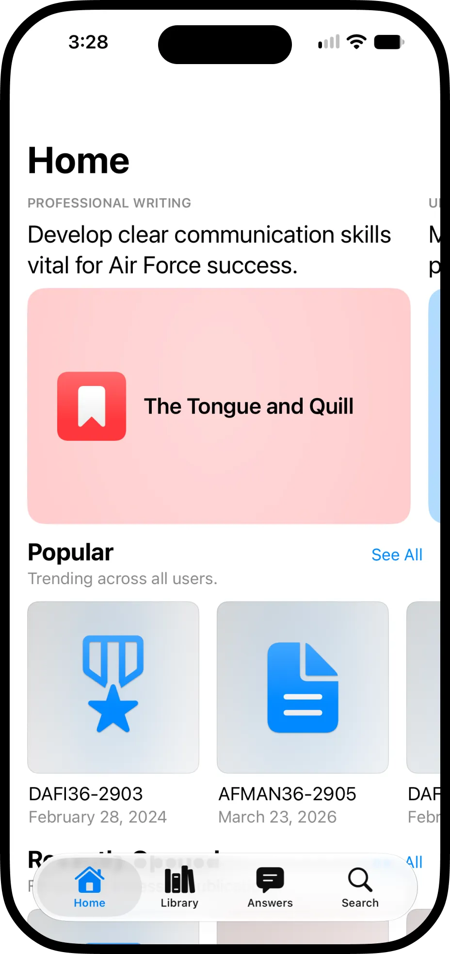 AFI Explorer home screen showing featured and popular Air Force publications